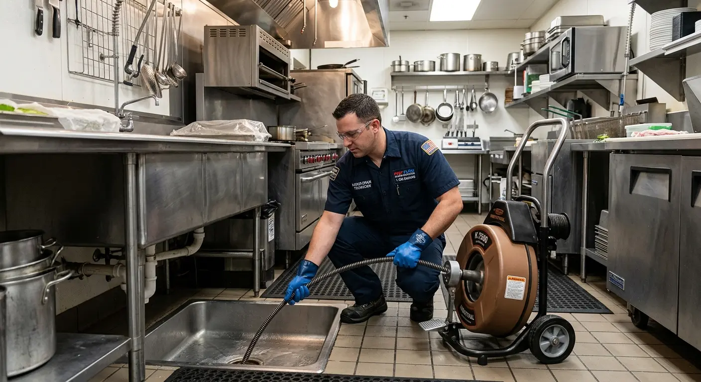 Commercial drain cleaning service in a restaurant kitchen in Yuma