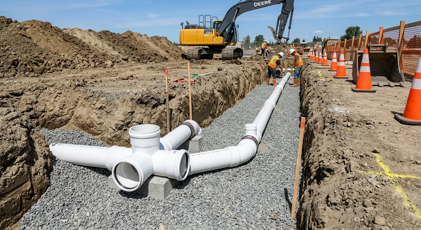 New PVC sewer pipe installation in open trench for Commercial Drain Cleaning in Yuma