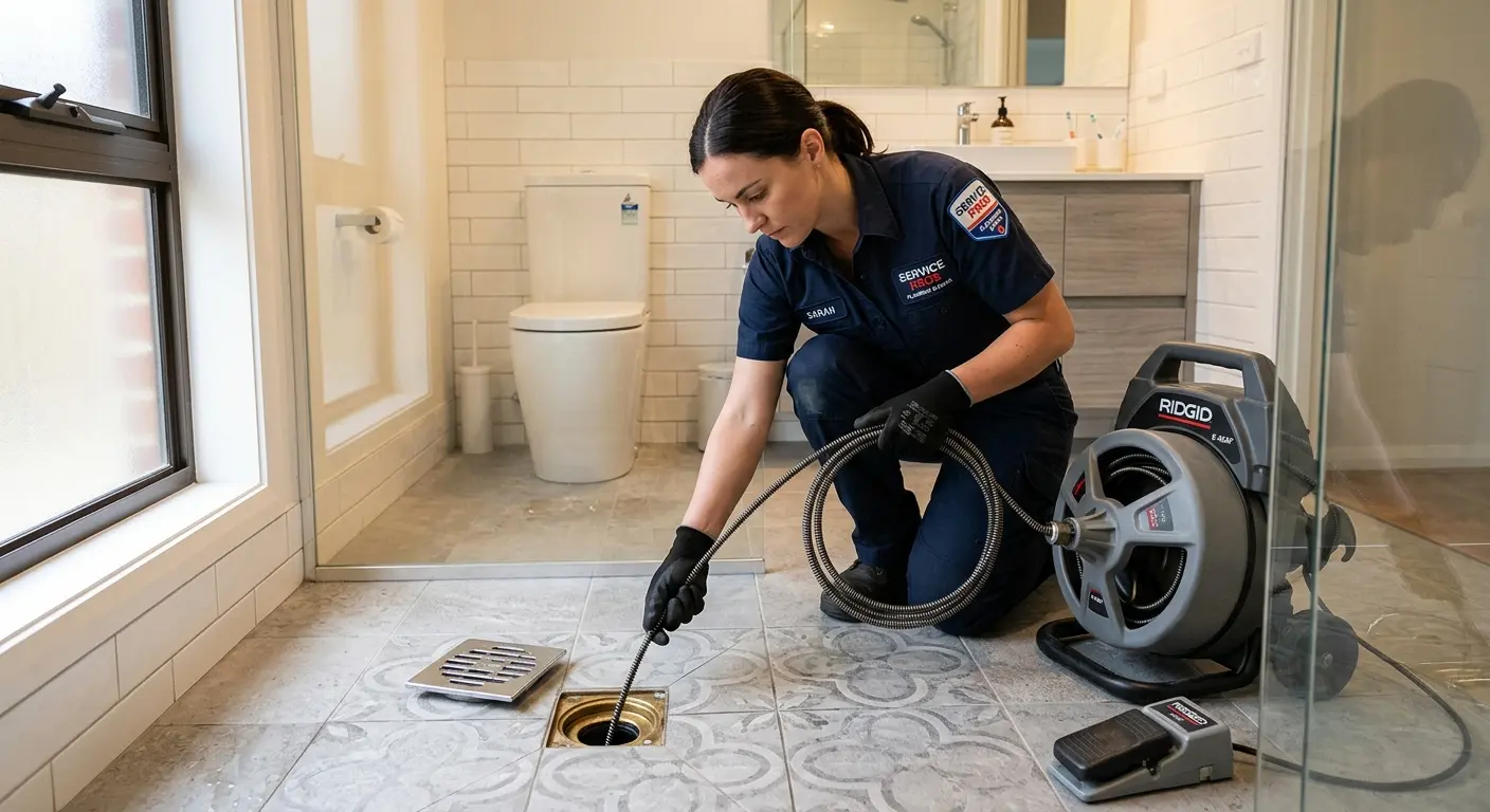 Technician clearing a bathroom floor drain for Hydro Jetting in Yuma
